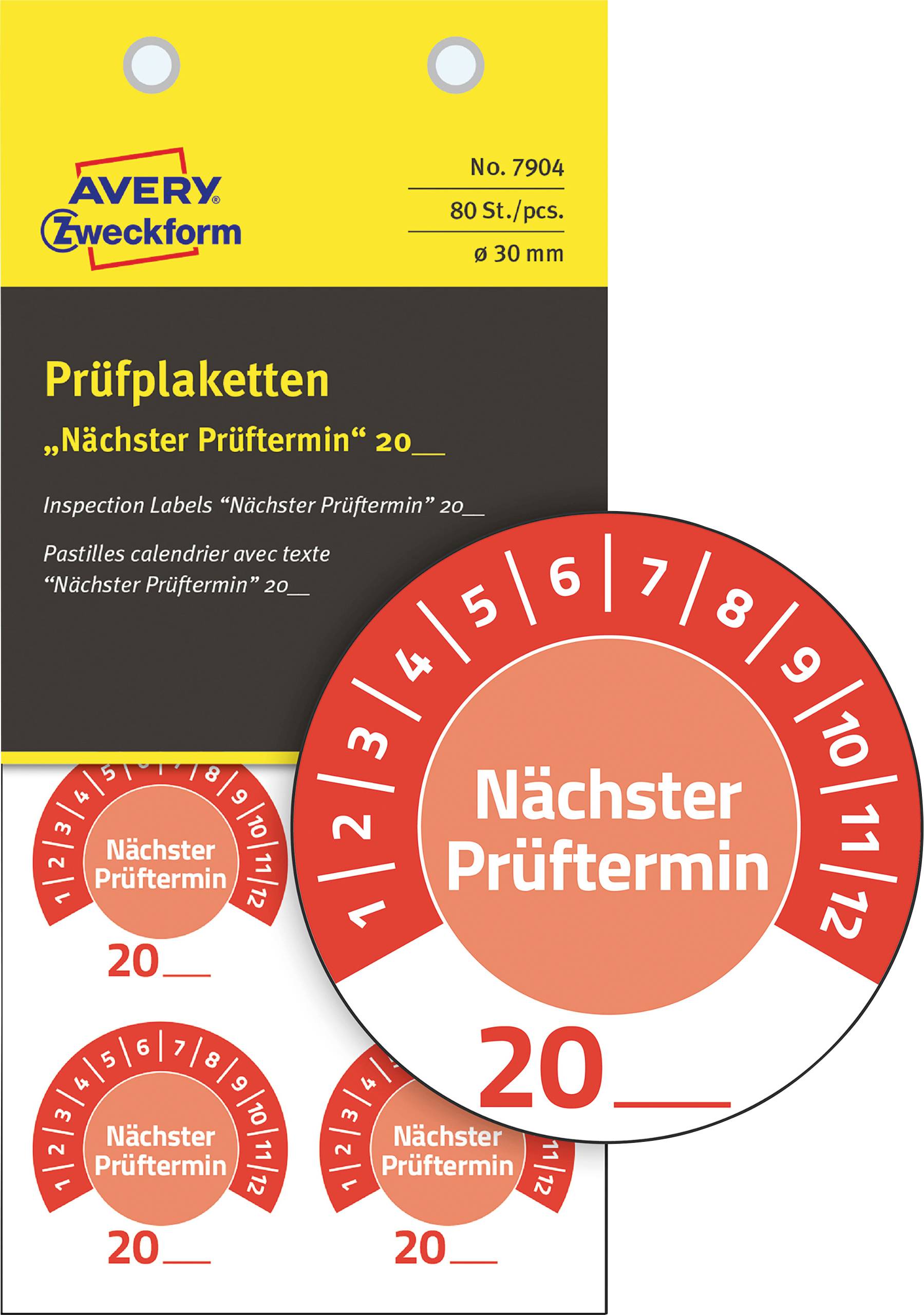 Avery-Zweckform 7904 Ellenőrző plakett Nächster Prüftermin 20__ 20XX Piros Öntapadó fólia (Ø) 30 mm 30 mm 80 db