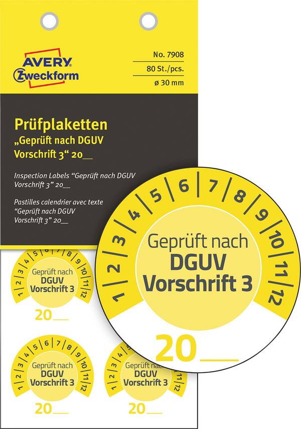 Avery-Zweckform 7908 Ellenőrző plakett Geprüft nach DGUV Vorschrift 3 20XX Sárga Öntapadó fólia (Ø x H) 30 mm x 30 mm 30 mm  DGUV 80 db