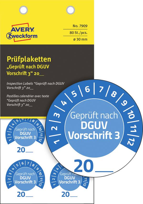 Avery-Zweckform 7909 Ellenőrző plakett Geprüft nach DGUV Vorschrift 3 20XX Kék Öntapadó fólia (Ø x H) 30 mm x 30 mm 30 mm  DGUV 80 db