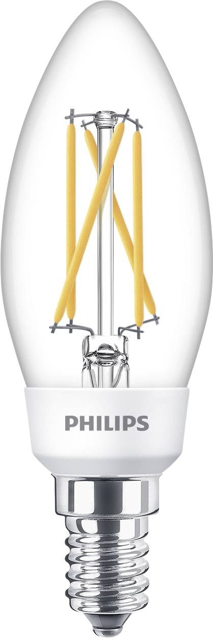 Egy átlátszó, gyertyaformájú LED-izzó látható fényszálakkal és ezüst E14-es foglalattal, Philips márka.