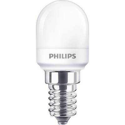 Philips LED-izzó E14, egy kompakt, energiatakarékos fényforrás ezüst foglalattal és fehér burkolattal.