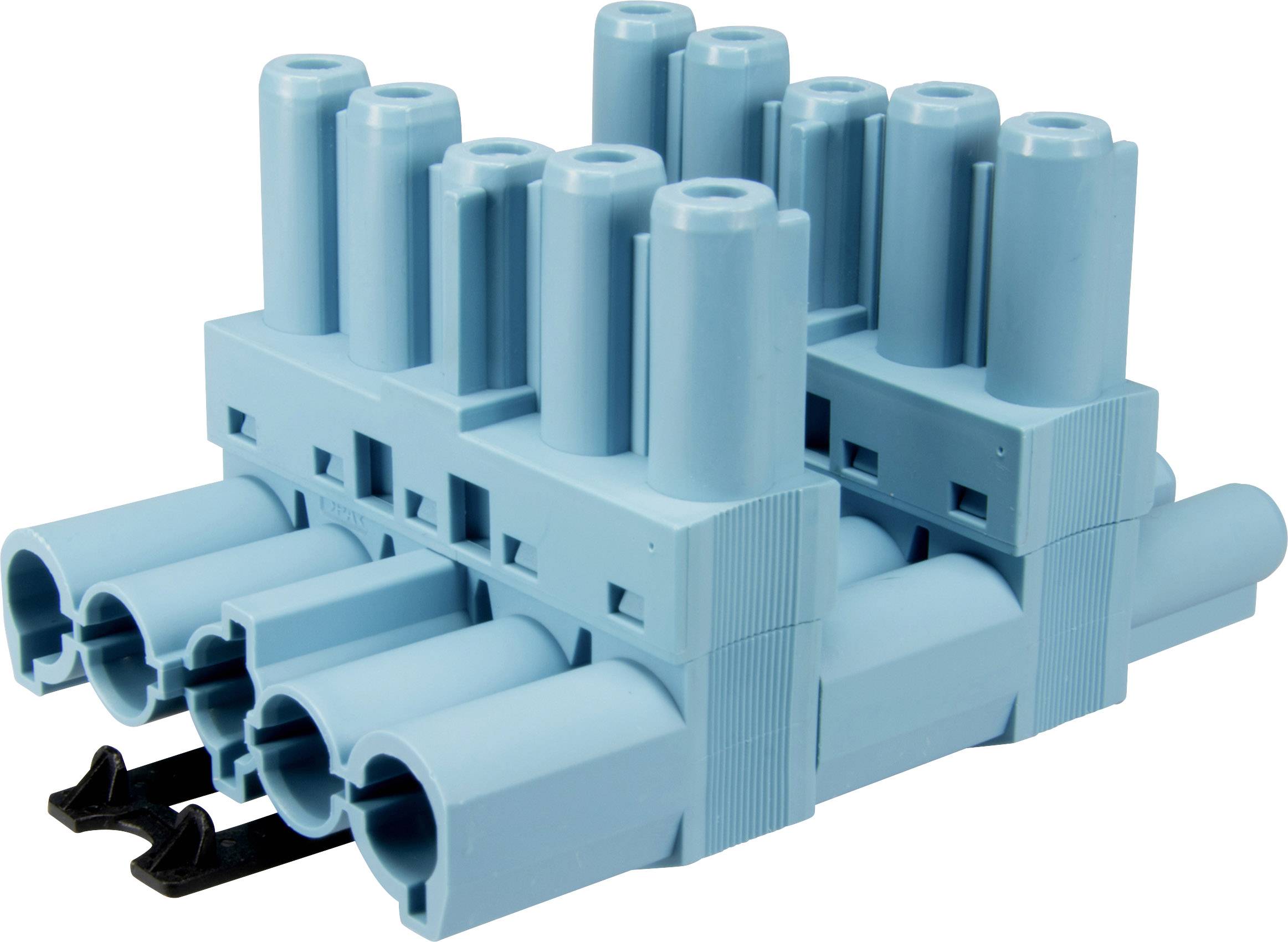 Egy kék elektromos csatlakozó több csatlakozási ponttal, amely alkalmas kábelezésre és elektromos kapcsolatokra műszaki alkalmazásokban.
