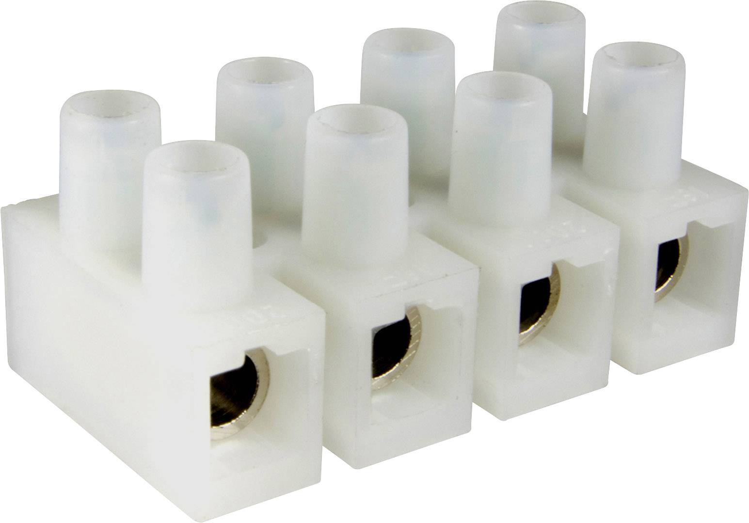 Egy fehér csatlakozóblokk négy dugaszolható csatlakozóval elektromos kötésekhez, mindegyik egy fém csatlakozóval belül.