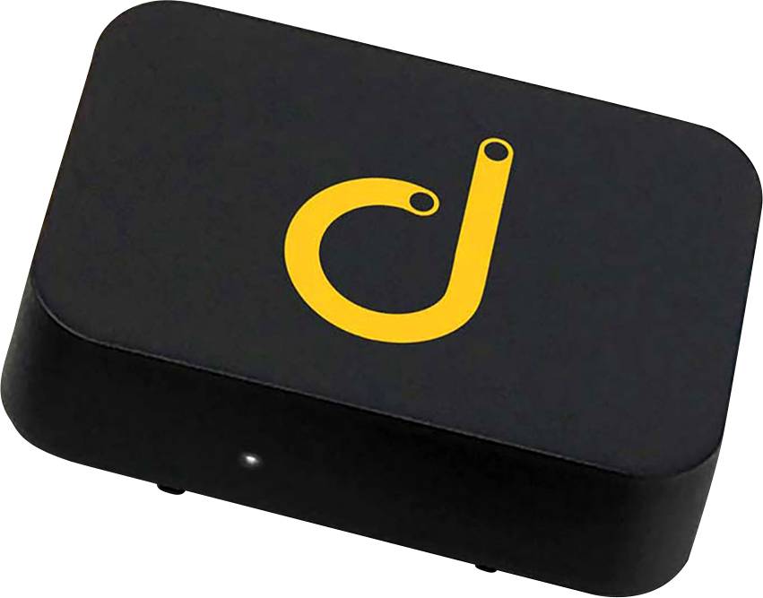 Fekete elektronikus doboz sárga logóval a tetején, téglalap alakú, lekerekített sarkokkal.