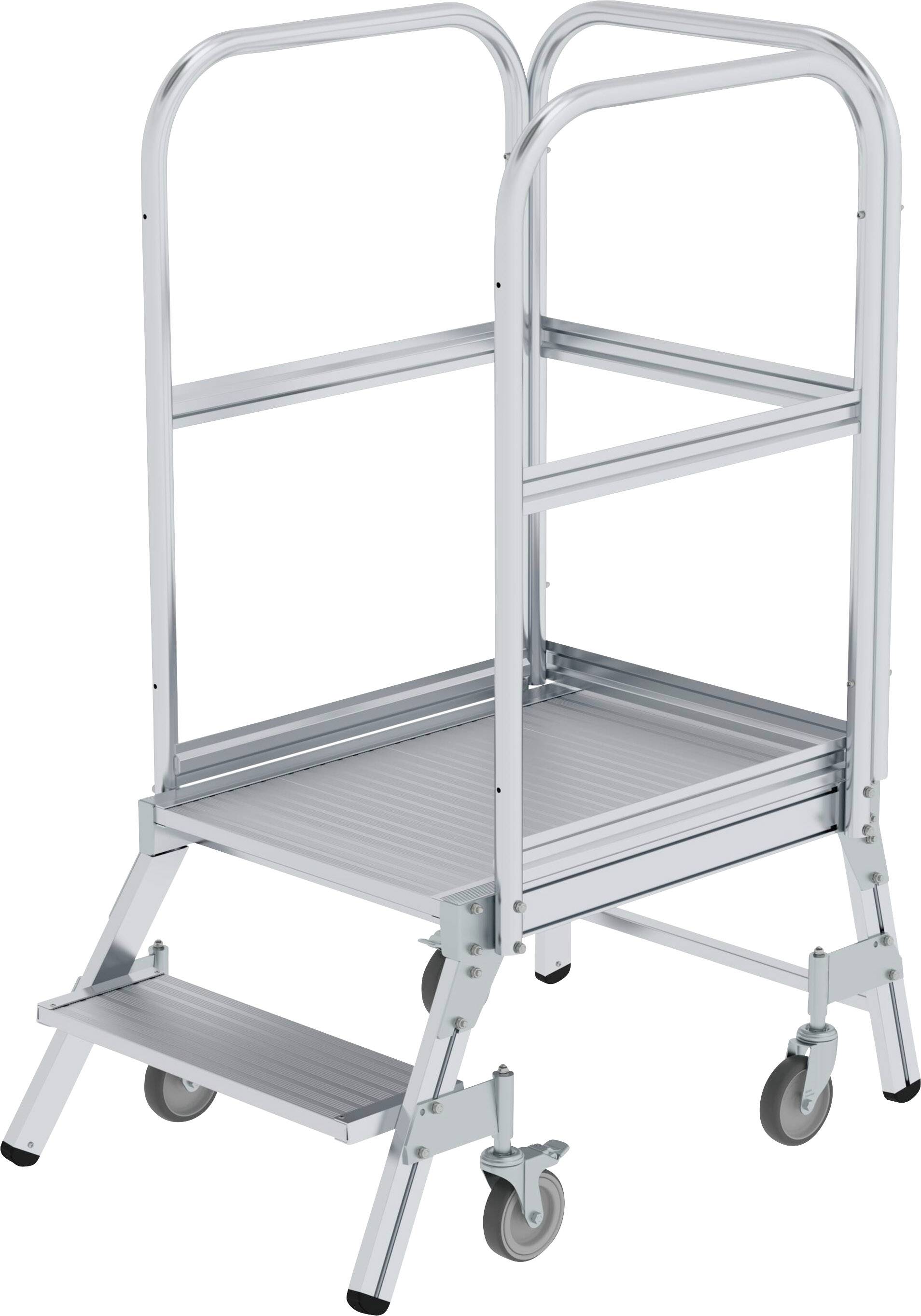 Fém váz két lépcsőfokkal és kerekekkel, amely mobil fellépőként használható.