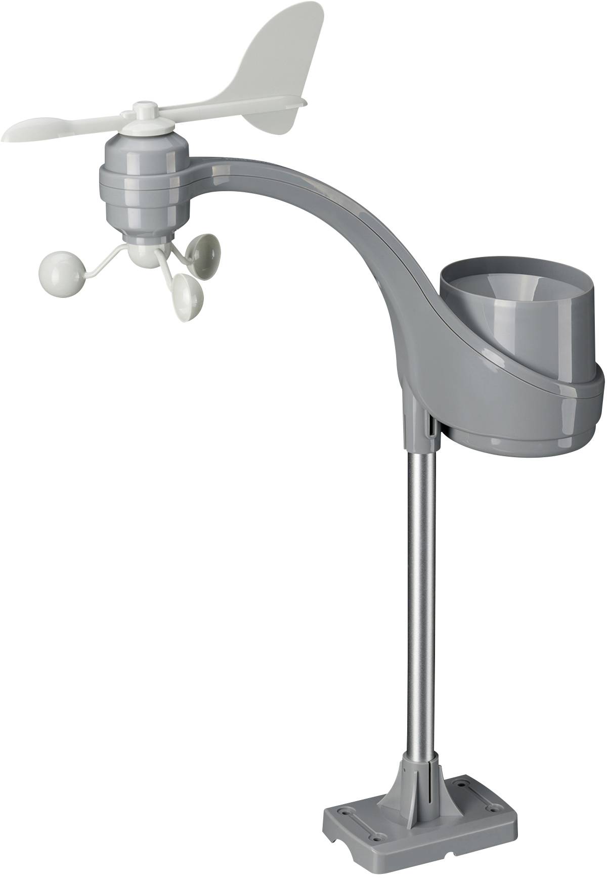 Szürke szélmérő forgólapátokkal és kanalas anemométerrel. Alkalmas a szélsebesség és a szélirány mérésére.