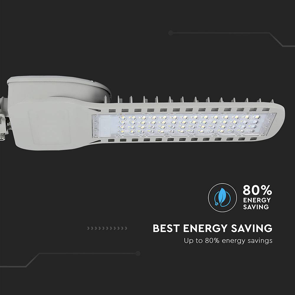 Egy LED-es közvilágítási lámpatest, amelyen a 'Legjobb energiamegtakarítás' és az 'Akár 80%-os energiamegtakarítás' szöveg olvasható. A lámpa számos kis, fénylő LED-et mutat.