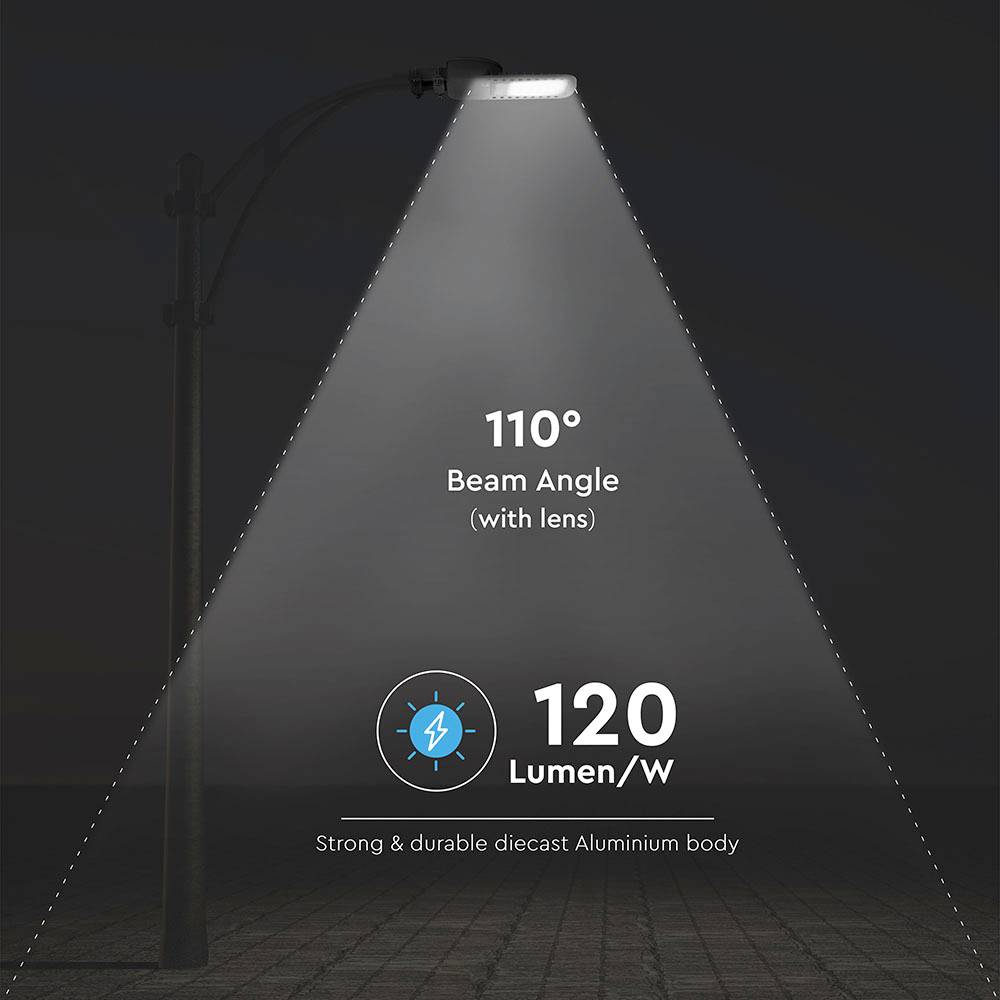 Egy utcai lámpa 110 fokos szögben sugároz fényt. 120 lumen teljesítményt nyújt wattonként, és tartós alumíniumból készült.