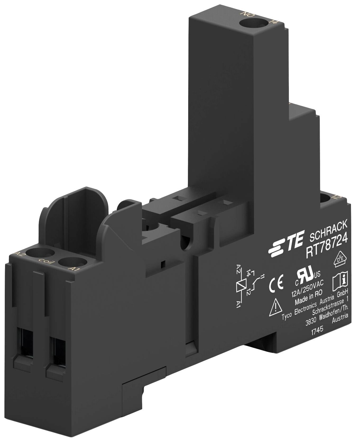 Schrack TE modell RT87824 elektromos relé, 12A, 250V AC, CE-tanúsítvánnyal, fekete színben, elektromos elosztószekrényekben történő felhasználásra.