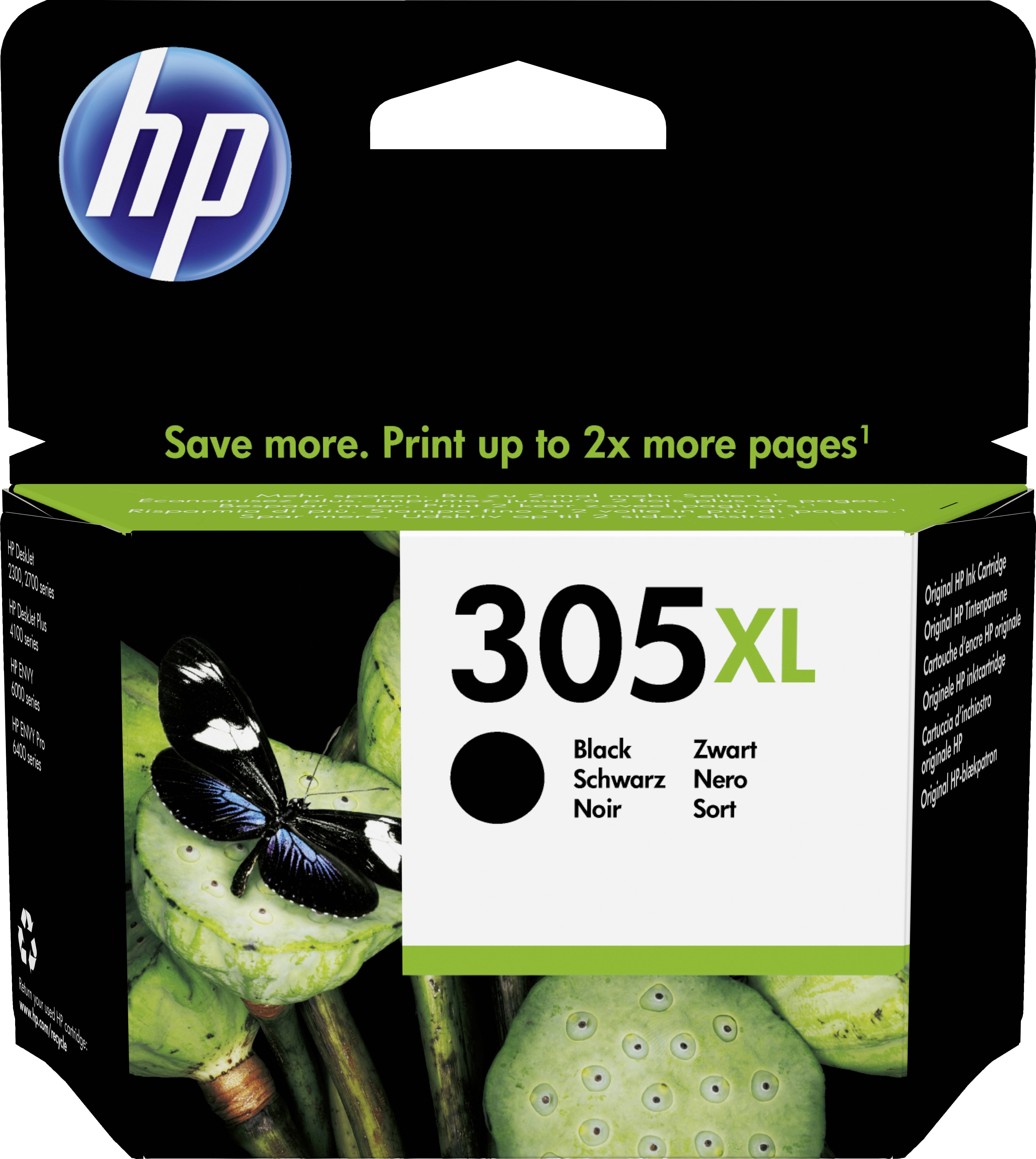 HP 305XL tintapatron csomag pillangó képpel. Szöveg: 'Spóroljon többet. Akár 2x több oldalt nyomtathat'. Fekete patron.