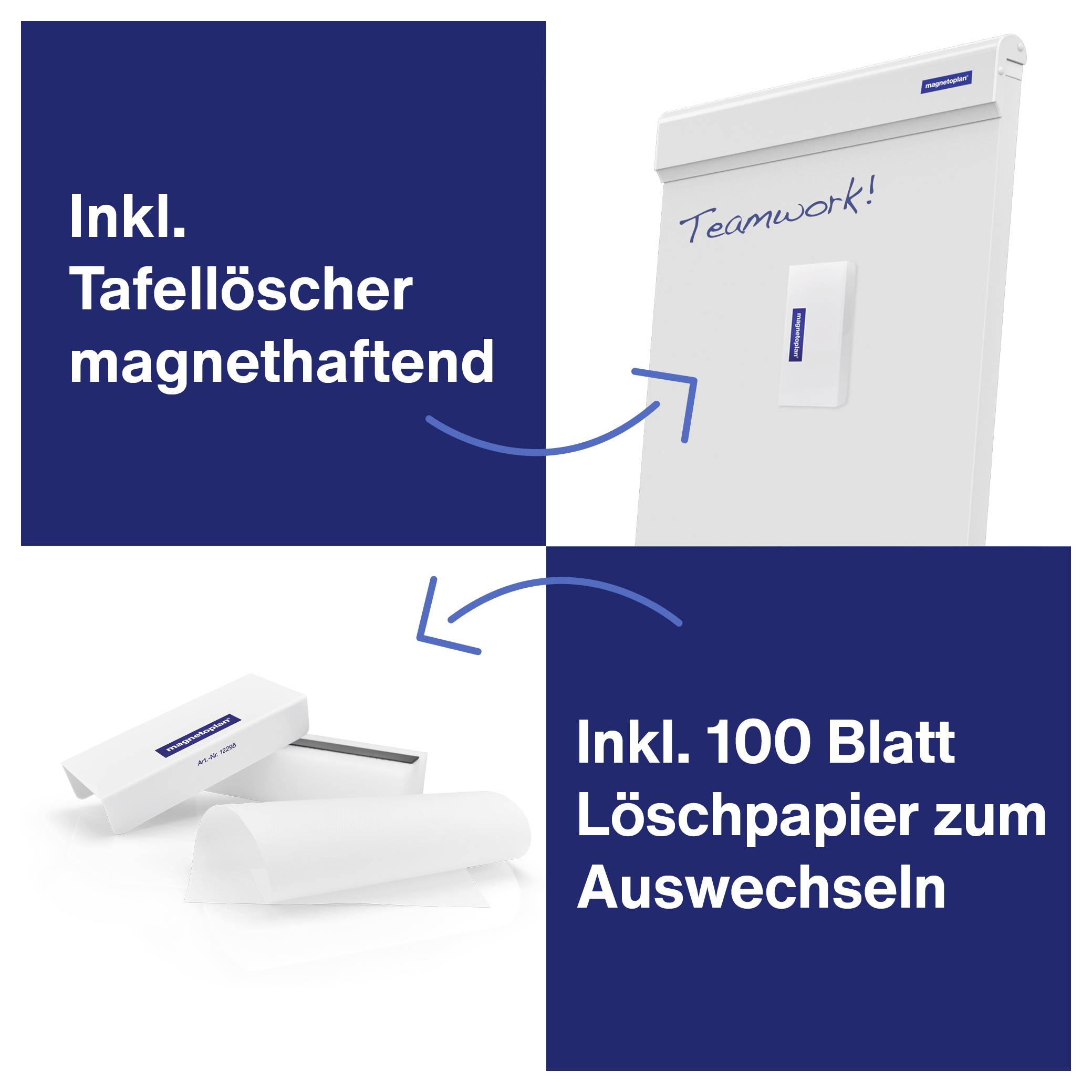 Mágneses táblatörlővel ellátott flipchart, 'Csapatmunka!' felirattal. Tartalmaz 100 db cserélhető törlőlapot.
