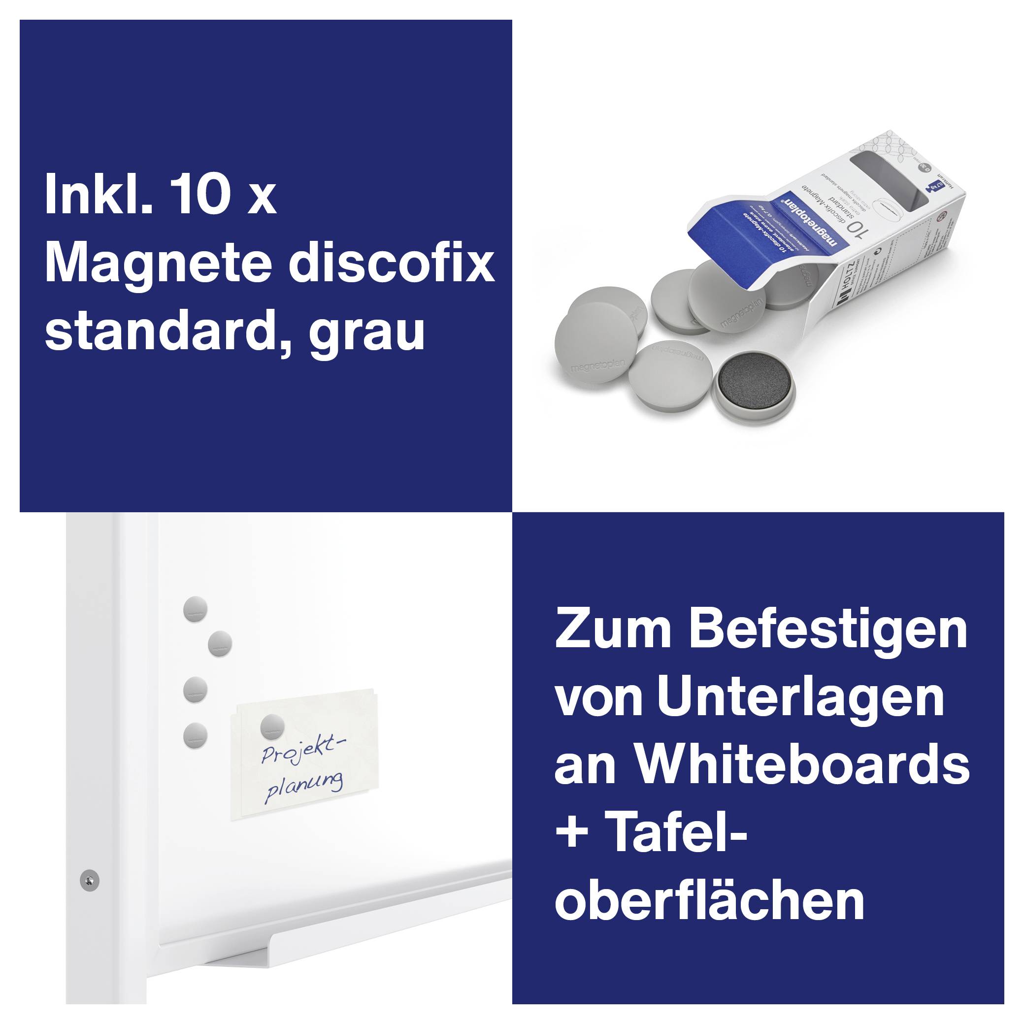 '10 db mágnessel együtt, discofix standard, szürke. Dokumentumok rögzítésére whiteboard és táblafelületeken.' Egy whiteboard egy öntapadó cetlivel, rajta 'Projektterv'.