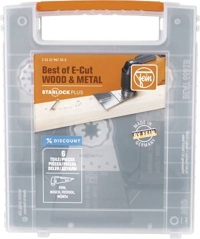 'Best of E-Cut Wood & Metal' szett a Fein-től, 6 darabos, átlátszó hordtáskában. Starlock Plus kompatibilis, Németországban gyártva.