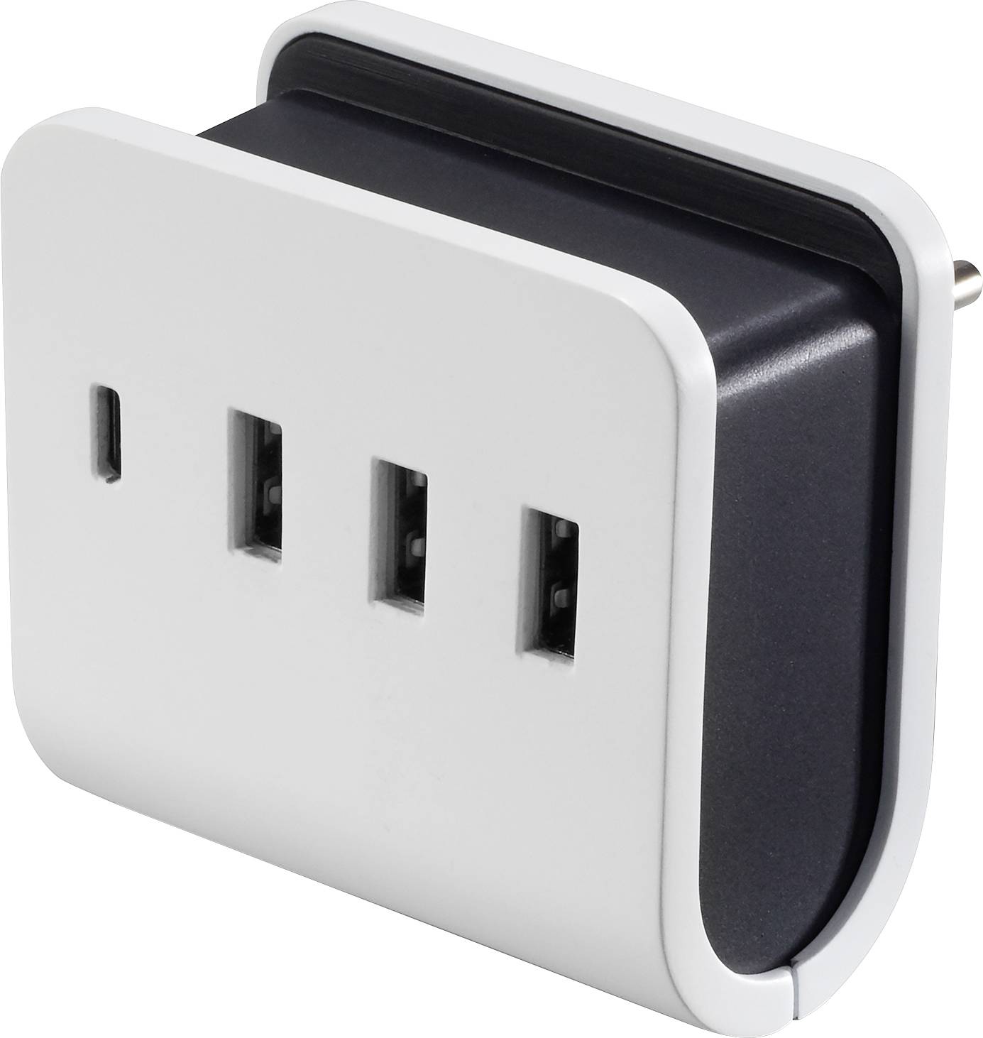 Egy fehér USB-töltő három USB-porttal és hálózati csatlakozóval a hátoldalán. Tökéletes több eszköz egyidejű töltéséhez.