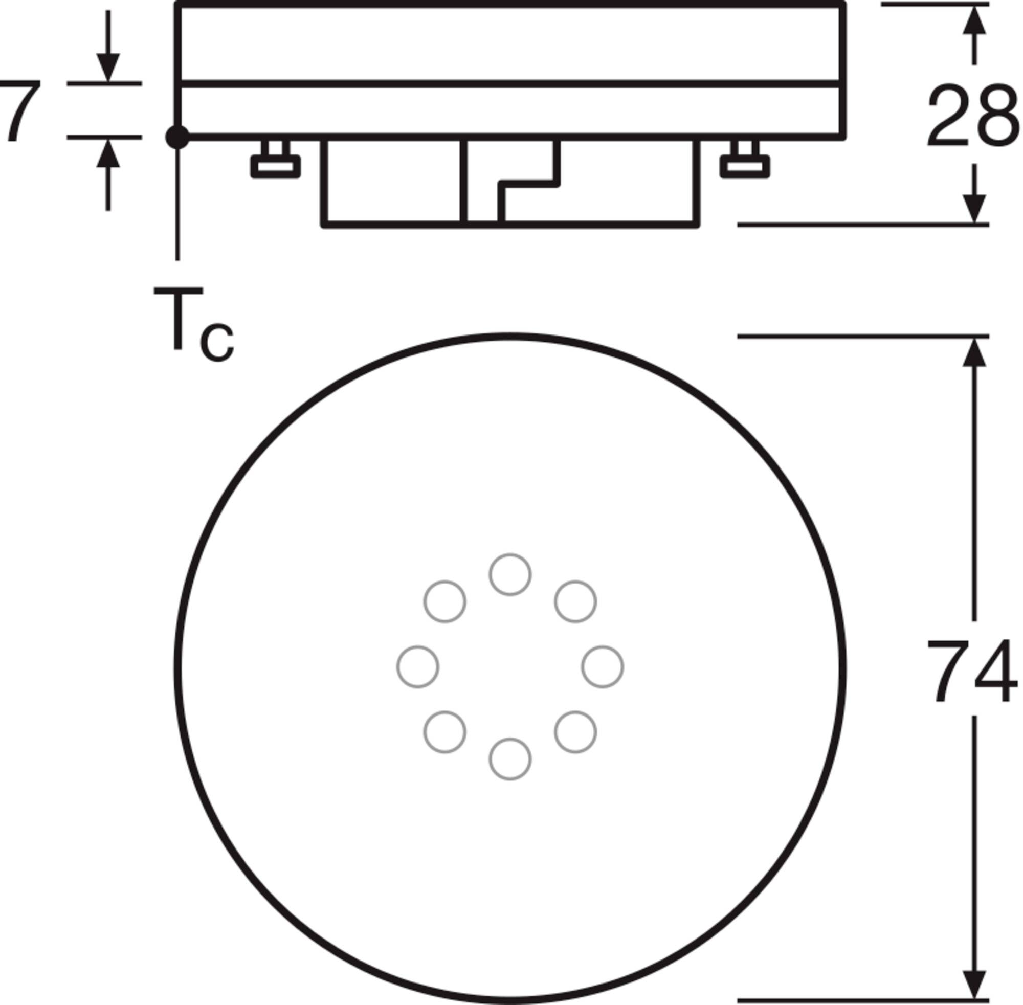 Műszaki rajz egy kerek füstérzékelőről 74 mm átmérővel, 28 mm magassággal. Oldalnézet és felülnézet.