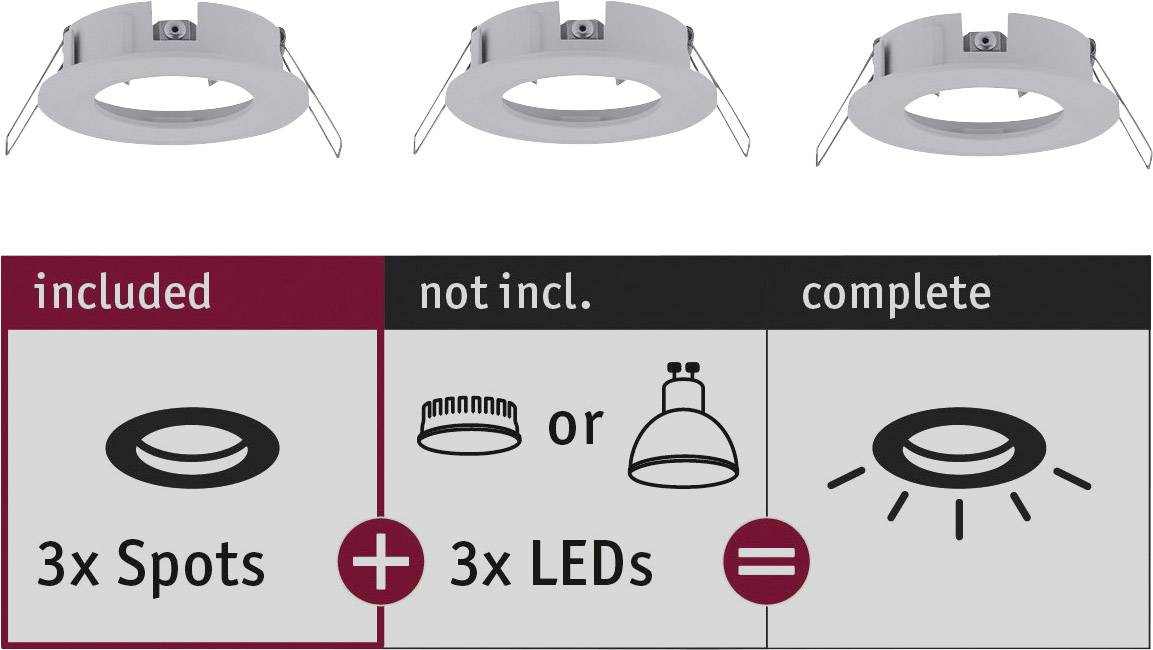 'Három beépíthető spotlámpa szükséges. Bal oldal: 3x spot beleértve. Közép: 3x LED nem beleértve. Jobb oldal: Teljes szett spotlámpákkal és LED-ekkel.'