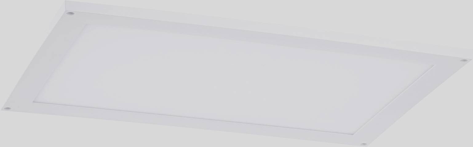 Egy téglalap alakú, fehér LED-panel, amely a mennyezetre van felszerelve és lágy, egyenletes fényt bocsát ki.