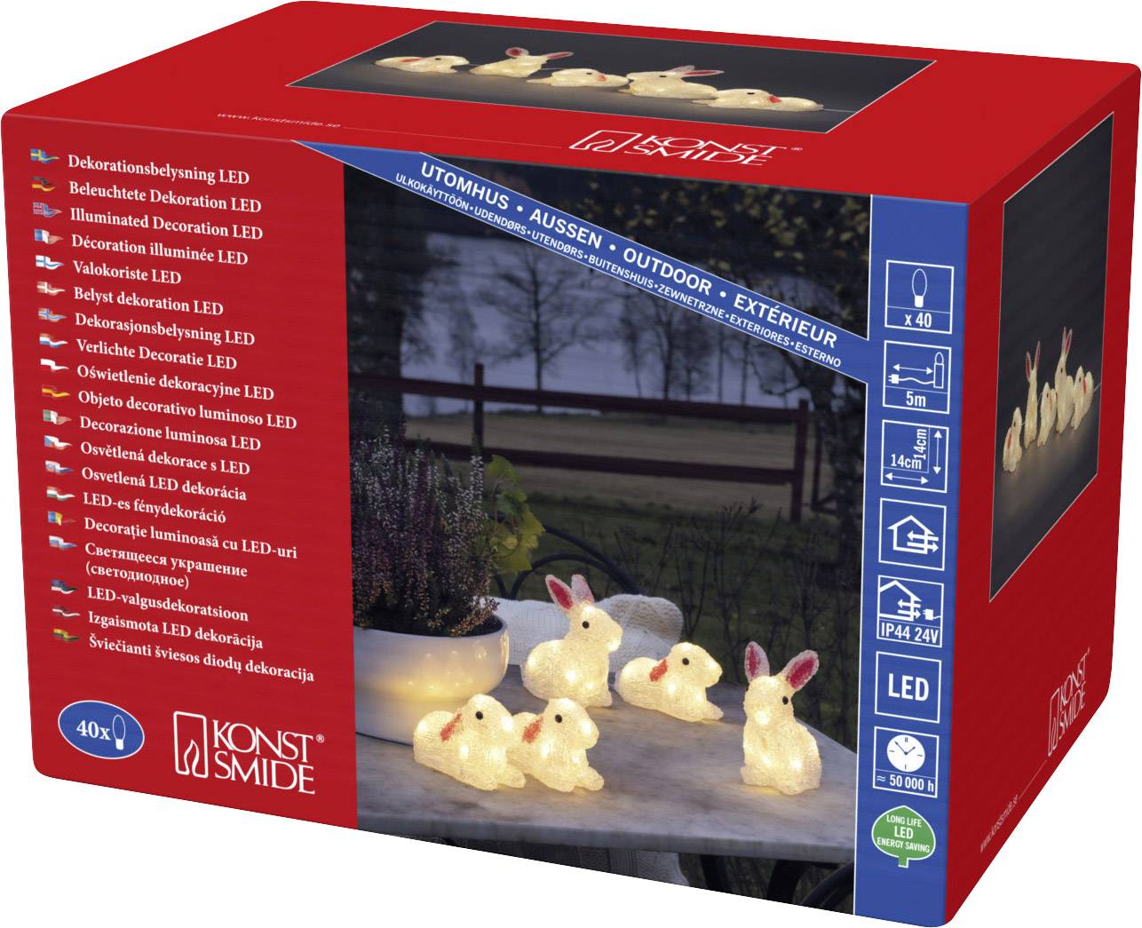 Nyusziformájú dekoratív LED-lámpák kültéri csomagolása. Négy világító nyúl, energiatakarékos, időjárásálló kivitelben.