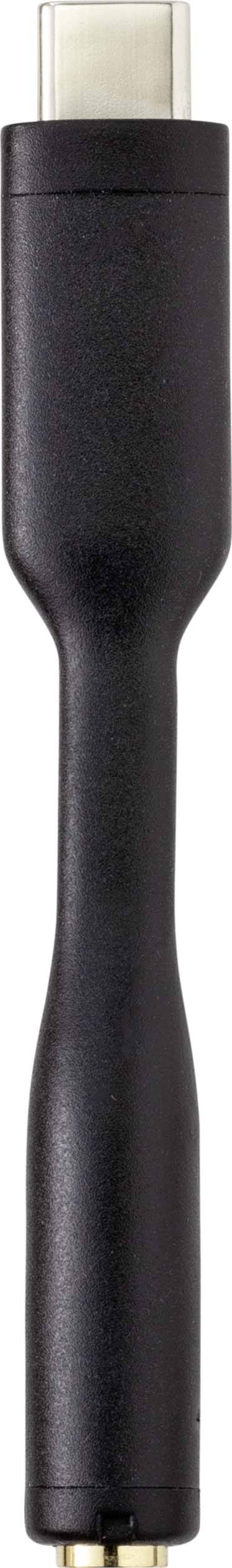 Egy fekete adapter felül egy USB-C csatlakozóval és alul egy fejhallgató-csatlakozóval.