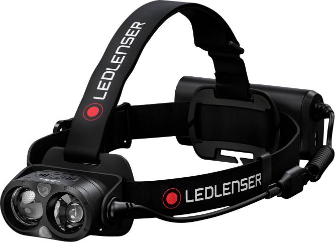 Két LED-fénnyel, állítható fejpánttal és fekete elemtartóval rendelkező homloklámpa. A fejpánton a 'LEDLENSER' márkafelirat látható.