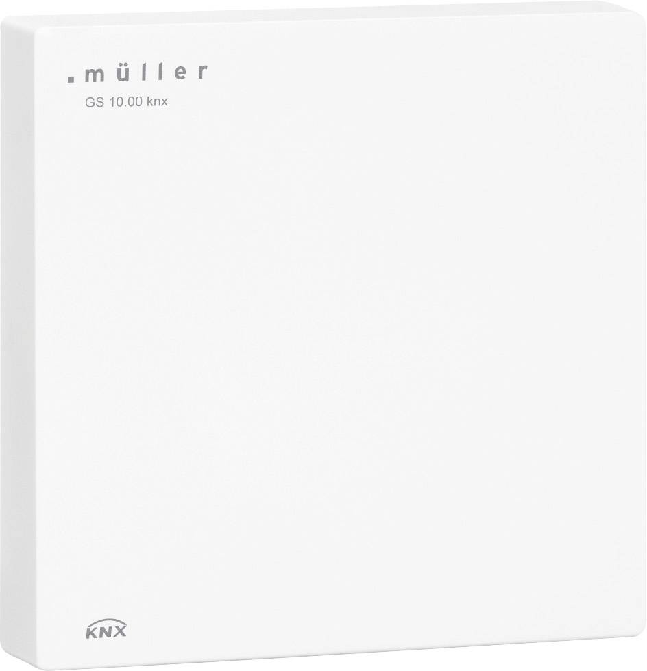 Egy fehér, téglalap alakú KNX-modul a Müller cégtől, GS 10.00 knx modell, egyszerű formatervezéssel és márkalogóval a bal felső sarokban.