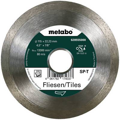 Metabo gyémánt vágókorong csempékhez, „Fliesen/Tiles" felirattal, 115 x 22,23 mm, max 13300 fordulat/perc és 80 m/s.