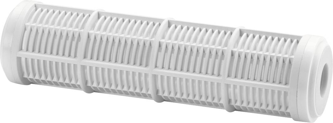 Fehér hengeres réselt háló szűrőbetét menetes végekkel, víz- vagy folyadékszűréshez használható.
