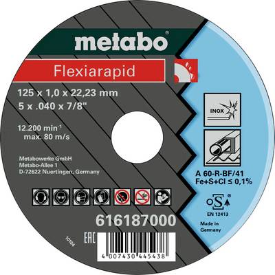 Egy Metabo vágókorong 'Flexiarapid' megnevezéssel. Átmérő: 125 mm, vastagság: 1,0 mm. Sebesség: max. 80 m/s.