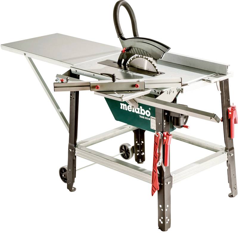 Egy metabo feliratú asztali körfűrész szürke fémvázszerkezettel, fekete fűrészlappal és piros biztonsági kapcsolókkal.