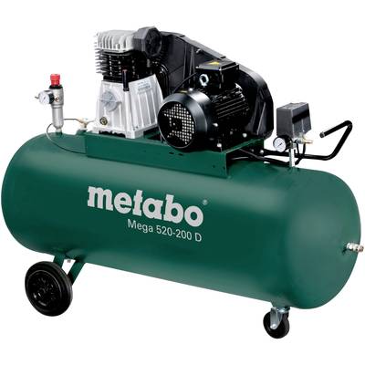Metabo Mega 520-200 D mobil légtartály, nagy zöld tartállyal és fekete motorral, ipari felhasználásra.