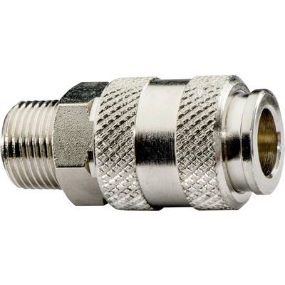 Egy fémes menetes tömlőcsatlakozó szerelés közeli képe markolattal ellátott csipesszel és hatszögű anyával az egyik végén.