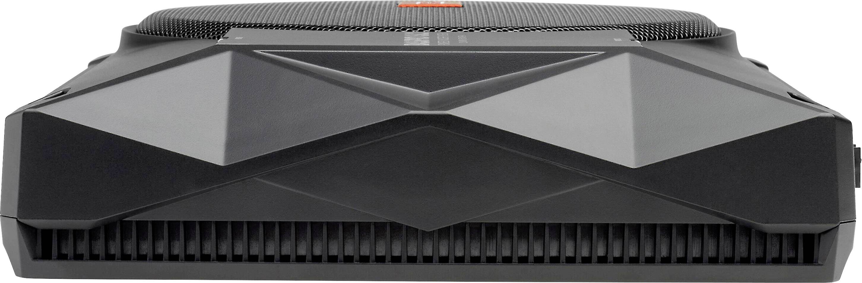 Egy fekete, modern router geometrikus dizájnnal és szellőzőnyílásokkal az elején.