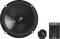 Hangszórókészlet: Egy nagy fekete hangszóró, egy kisebb magassugárzó és egy frekvenciaszűrő csatlakozó kapcsokkal.