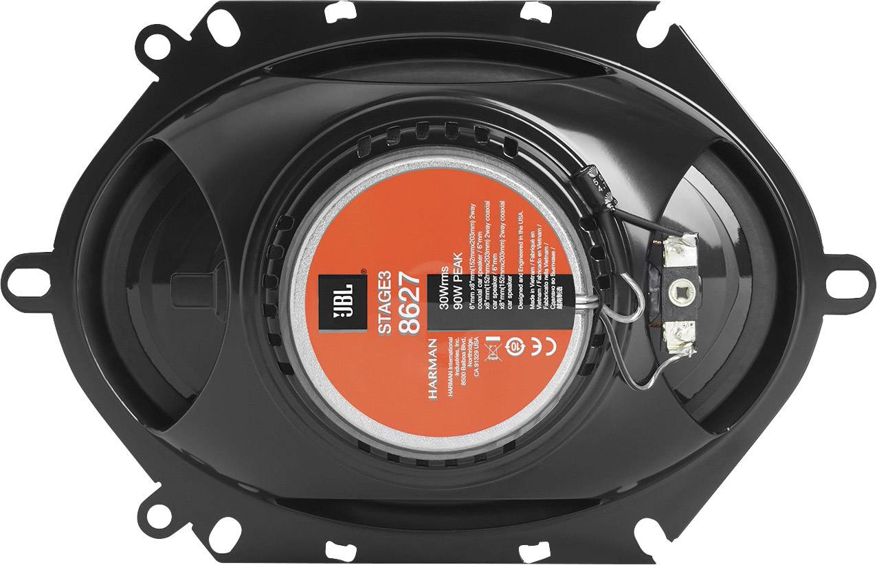 Felülnézeti autóhangszóró, hátoldala narancssárga címkével, középen jól látható márkanévvel és modellszámmal.