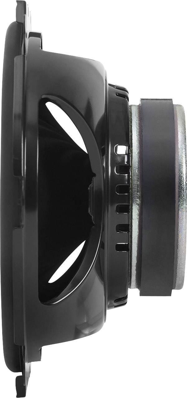 Egy fekete hangszóró oldalnézete, amelynek fémkerete és kerek membránja látható.