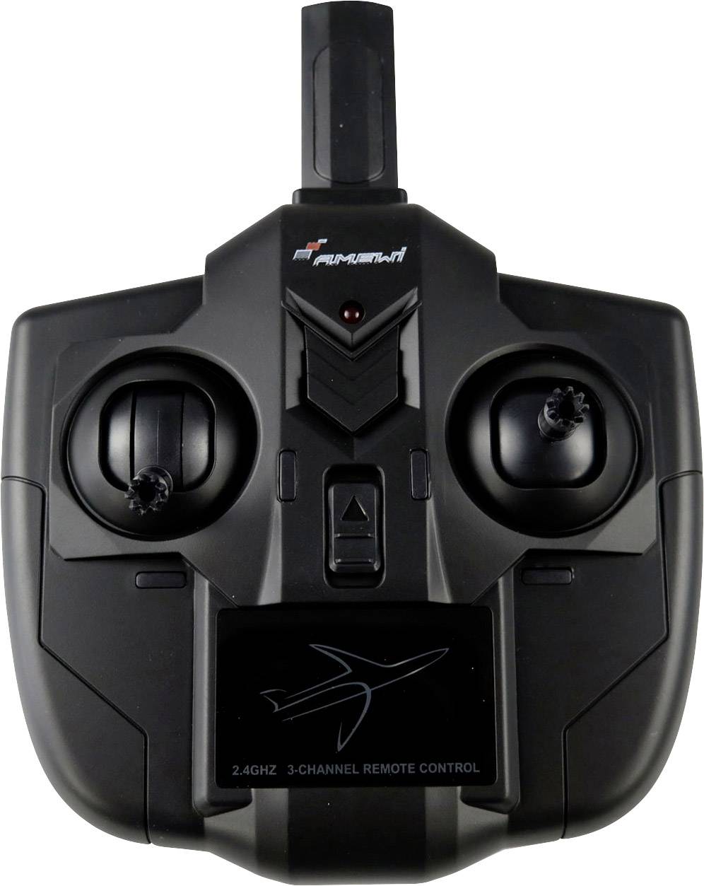 Fekete távirányító két botkormánnyal és antenna-foglalattal felül, alkalmas 2,4 GHz-es 3 csatornás vezérlésre.