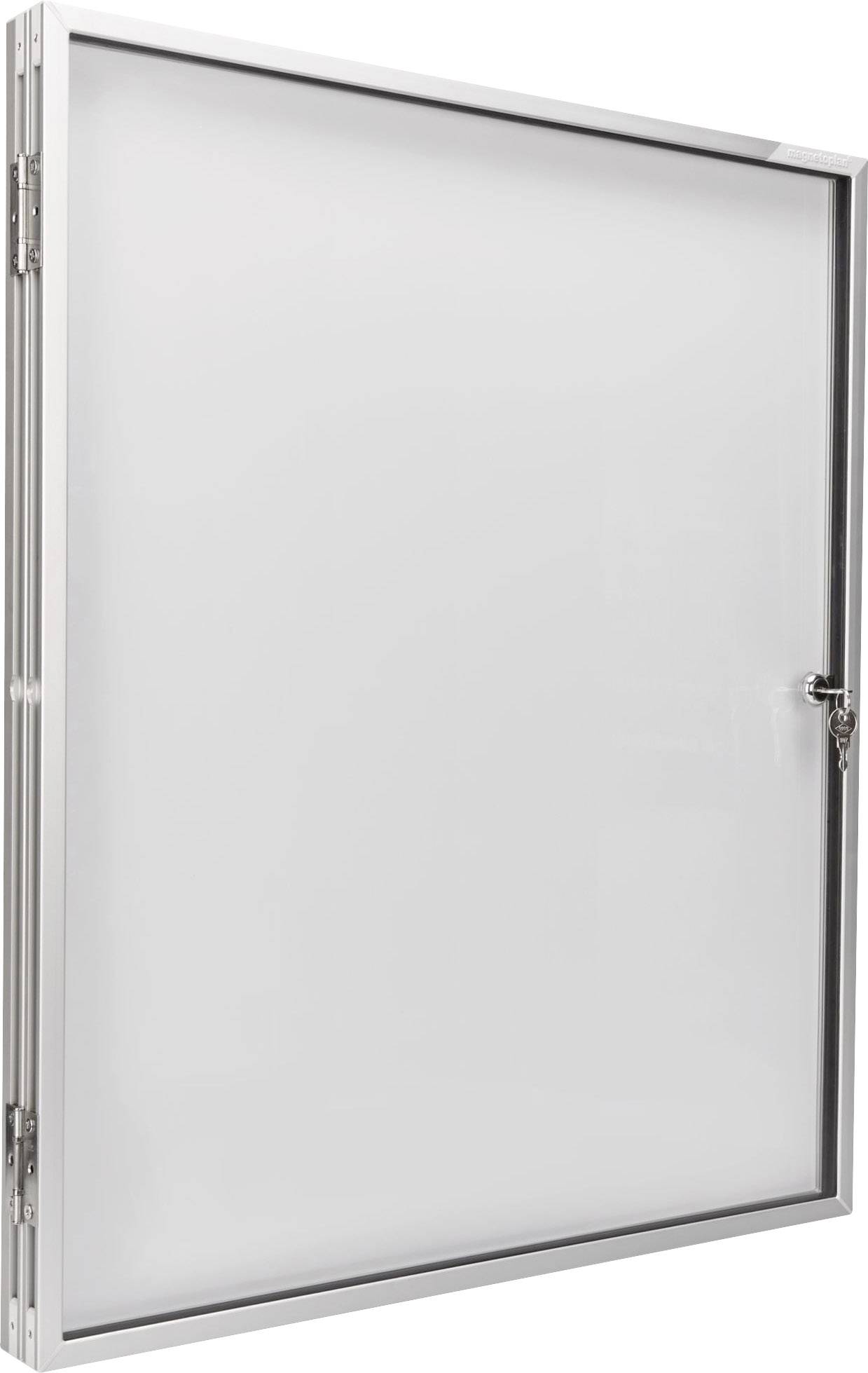 Fehér kijelzőtábla ezüst kerettel és egy zárral a jobb oldalán, belső és külső használatra egyaránt alkalmas.