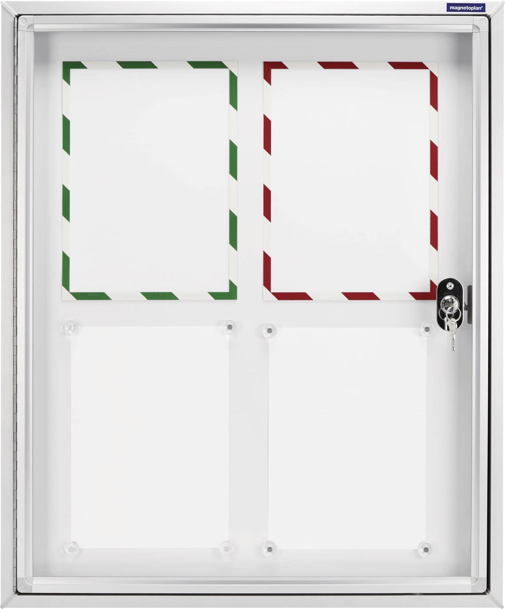 Fémdoboz két megjelölt területtel: bal oldala zöld keretezéssel, jobb oldala piros keretezéssel. A doboz zárható, tetején kék logó.