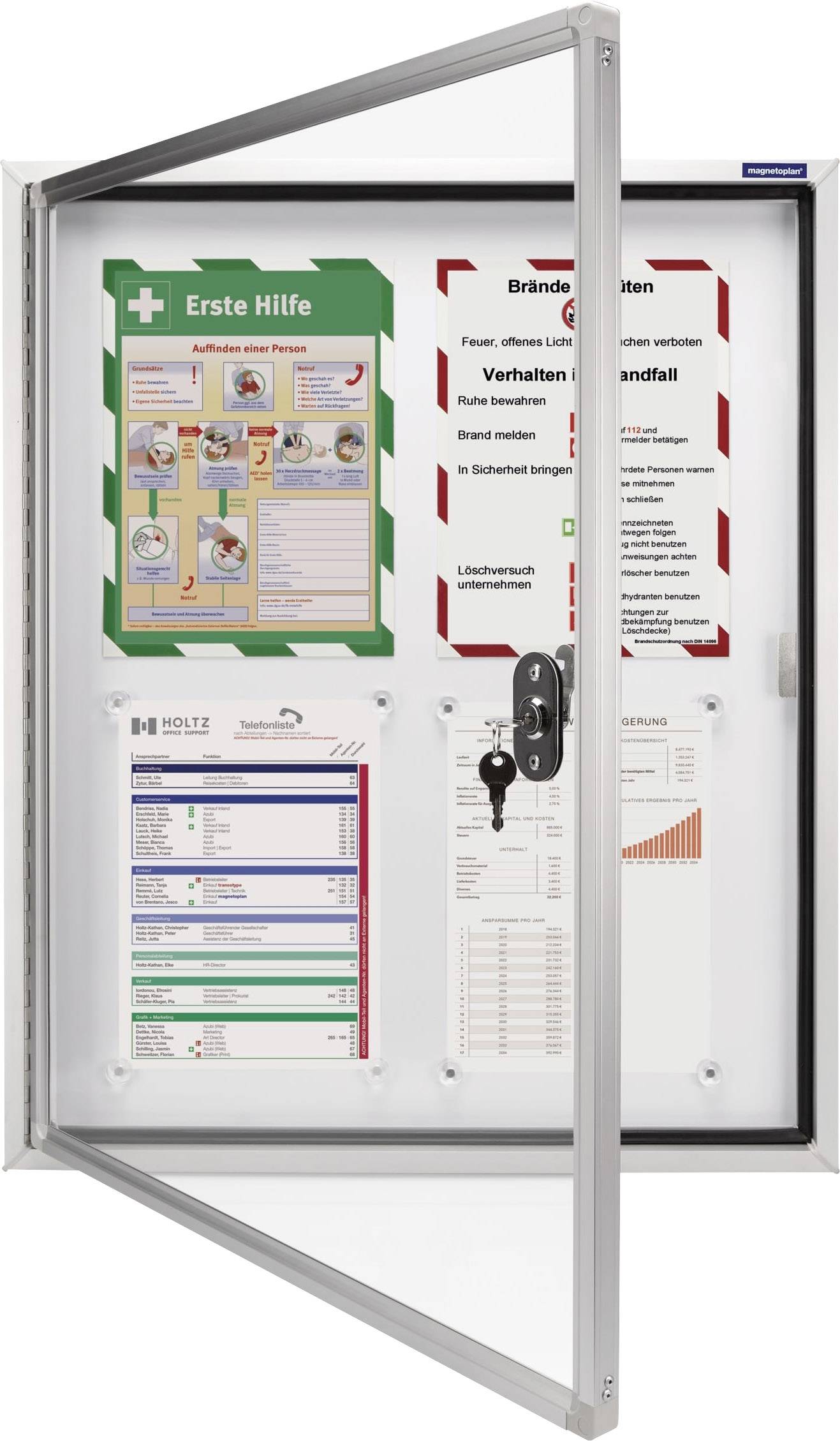 Egy elsősegélydoboz nyitott tetővel ellátva sürgősségi ellátási útmutatókat, tűz esetén követendő magatartási szabályokat és kapcsolattartási információkat mutat.