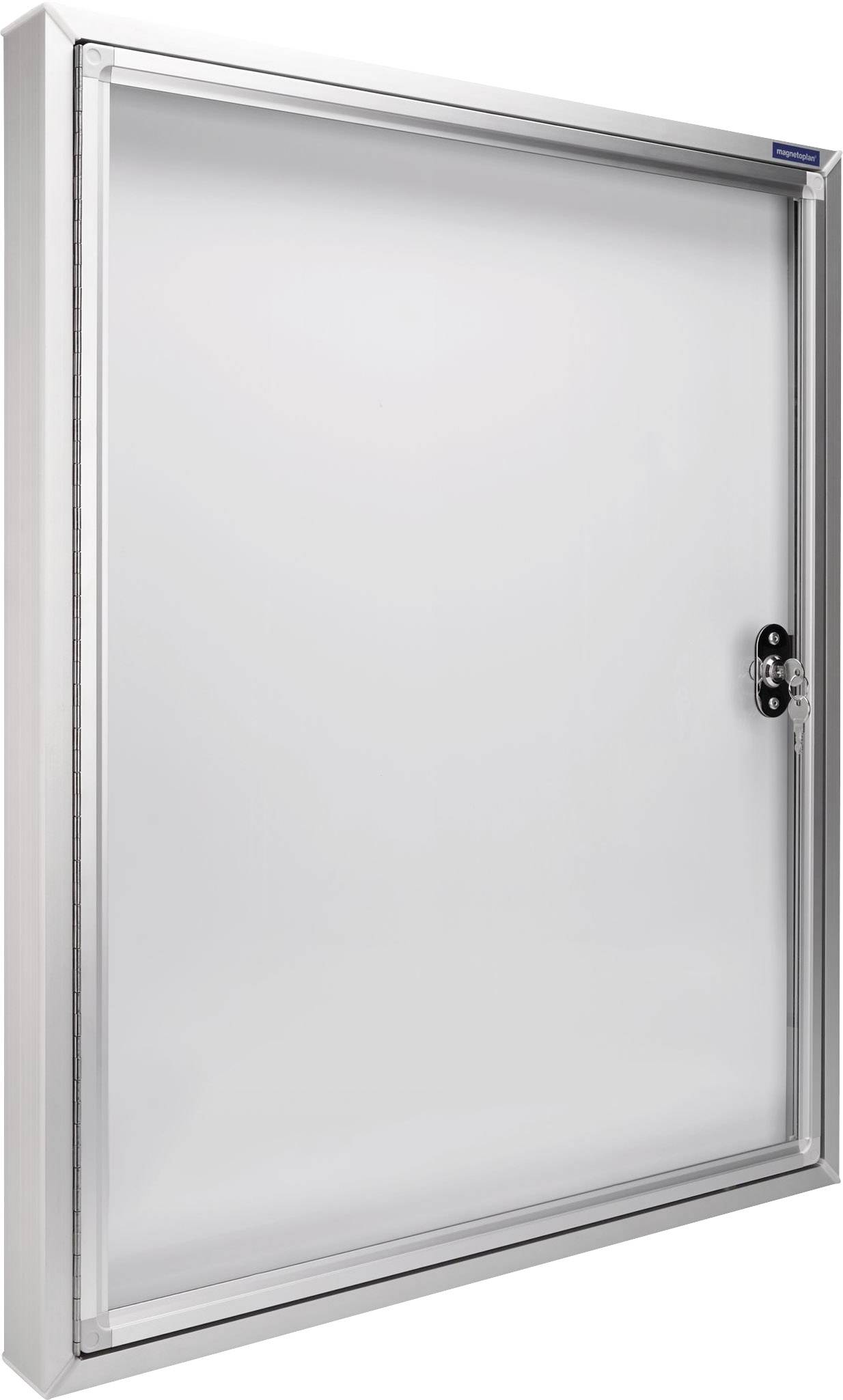 Egy téglalap alakú, ezüstszínű, zárható fémszekrény sima, fehér ajtóval.