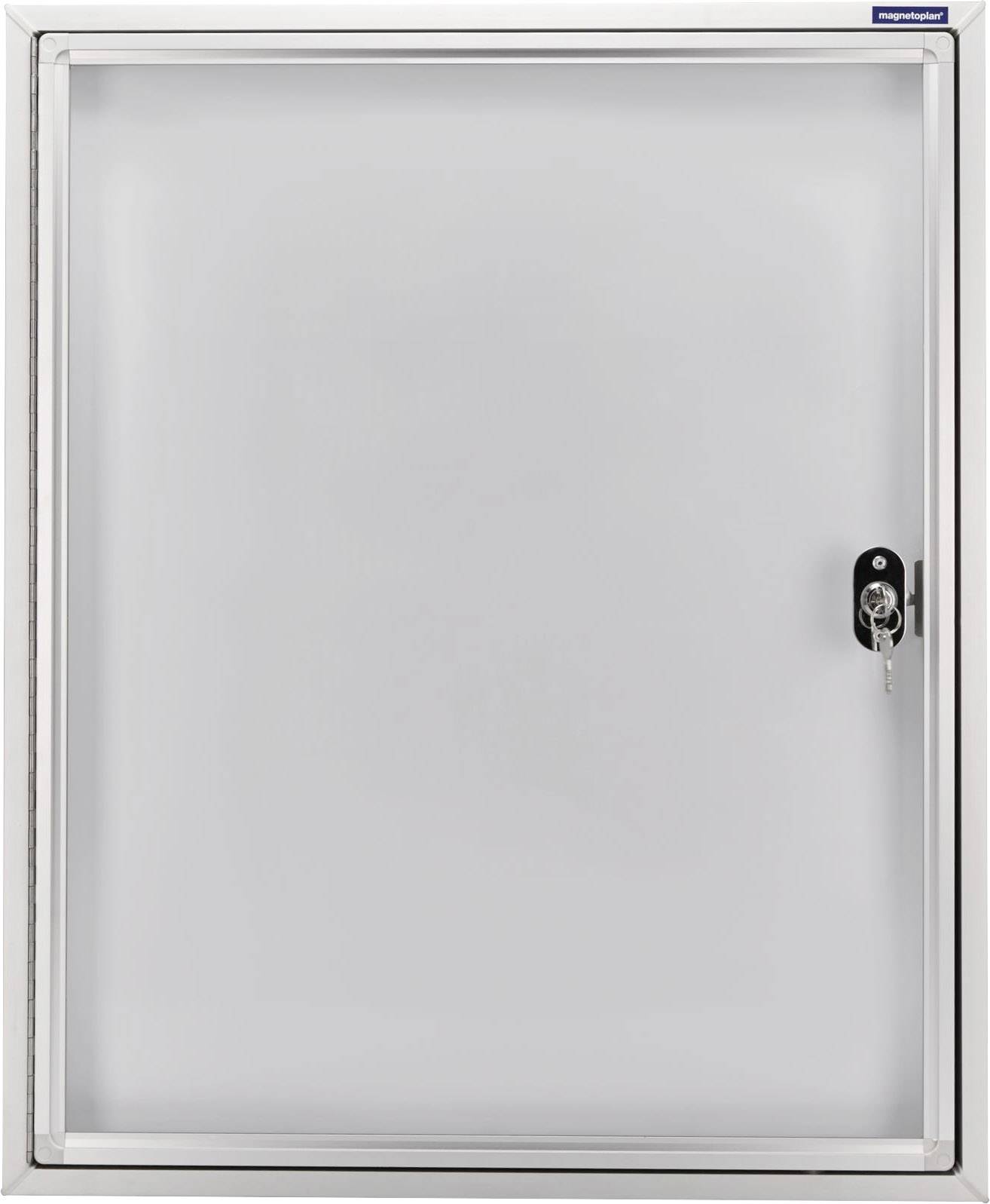 Fémvitrin üvegajtóval, ezüstös kerettel és kulccsal zárható zárral. Alkalmas hirdetmények vagy információk beltéri kihelyezésére.