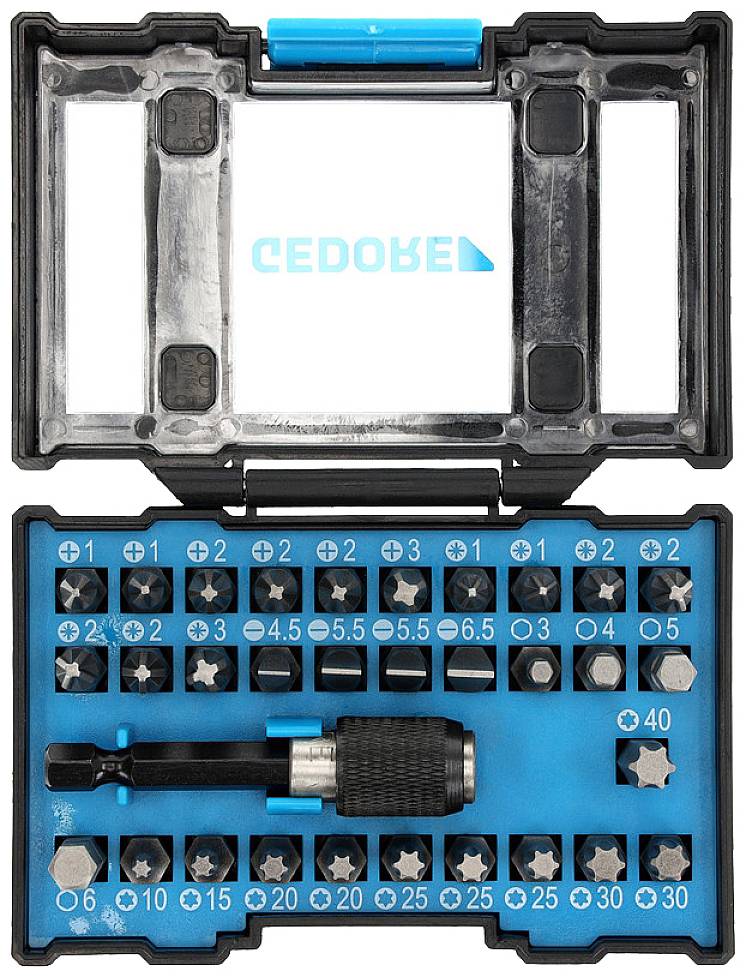 'CEDORE' csavarhúzó bit-készlet nyitott műanyag dobozban. Különböző bit-méreteket és bit-tartót tartalmaz.