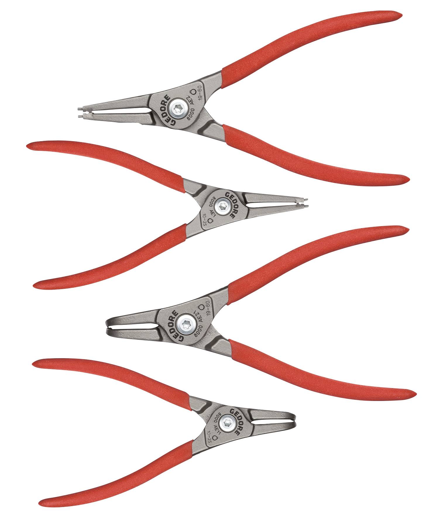 Négy piros fogó különböző hegyű kivitelben, hasznos a mechanikai vagy kézműves alkalmazásokhoz.