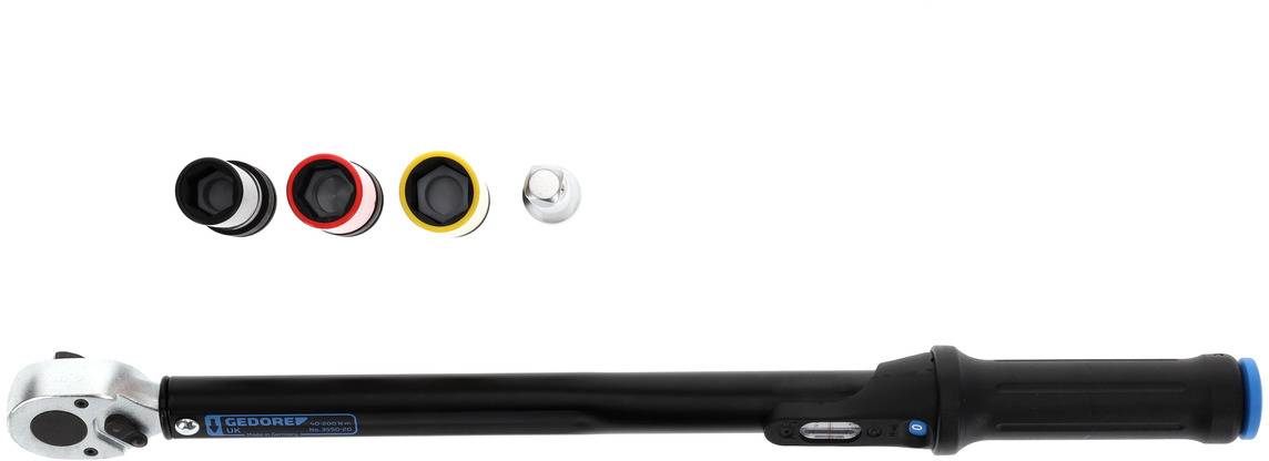 Nyomatékkulcs négy színes feltéttel: fekete, piros, sárga és fehér. Alkalmas csavarok pontos meghúzásához.