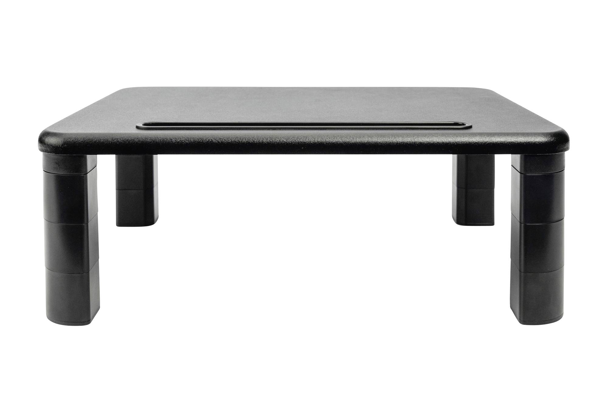 Egy fekete, állítható lábakkal rendelkező monitorállvány, amely lehetővé teszi a képernyő magasított elhelyezését.