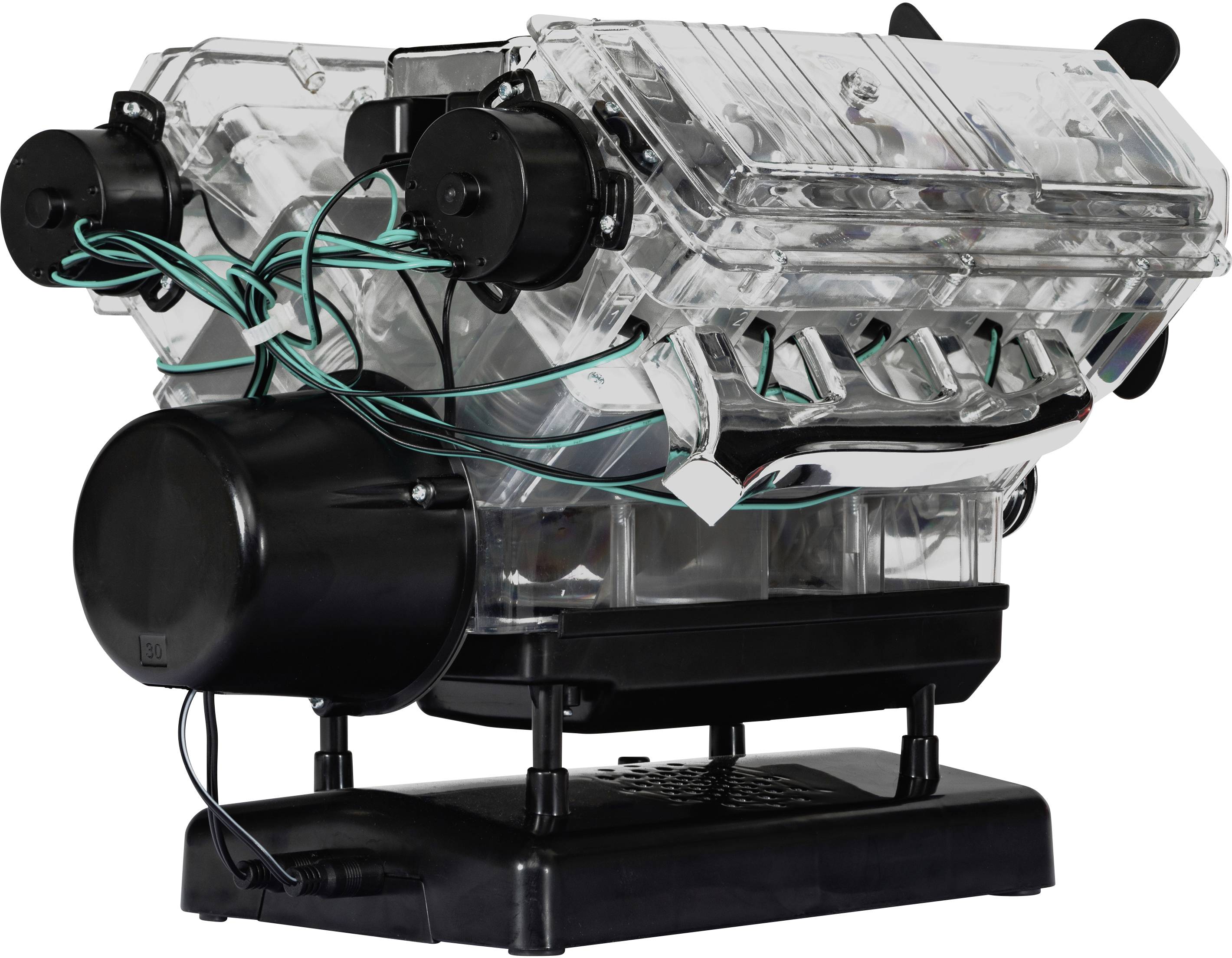 Egy átlátszó műanyag V8-as motor modell, kábelekkel és mozgó alkatrészekkel, jól látható dugattyúkkal és gyújtógyertyákkal.