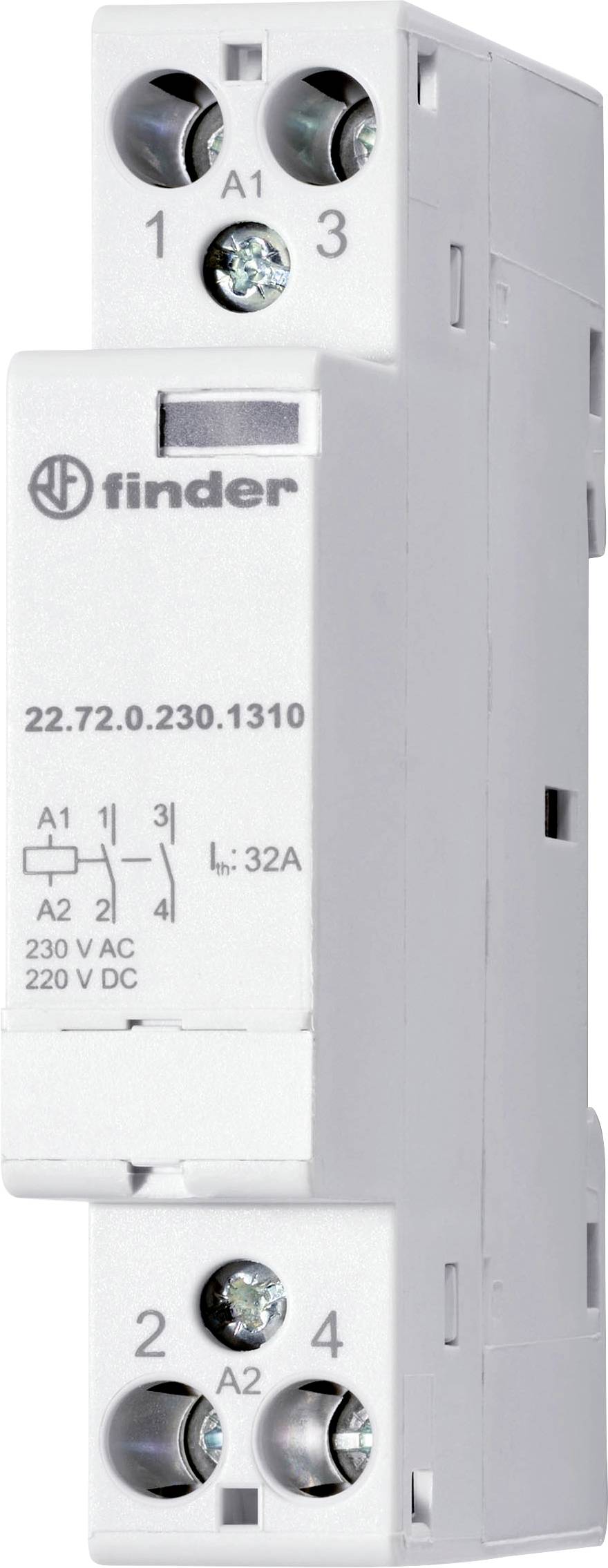 Egy fehér Finder elektromos vezérlőrelé, 22.72.0.230.1310-es modell, amely az előlapján mutatja a csatlakozókat és specifikációkat.