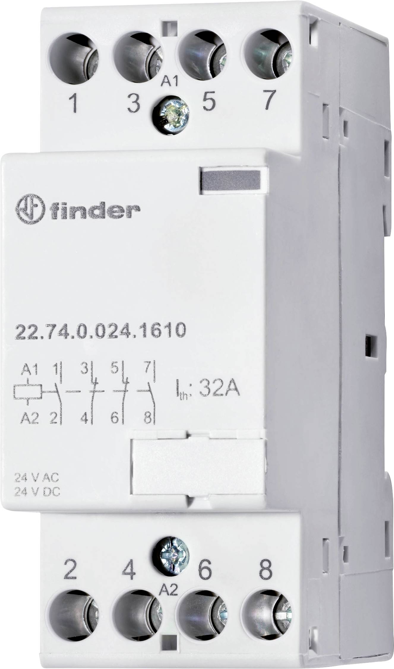 Egy fehér elektronikus relé, amelyen a 'Finder 22.74.0.024.1610' felirat látható, csatlakozási lehetőségeket és teljesítményt mutat '32A, 24V AC/DC'.