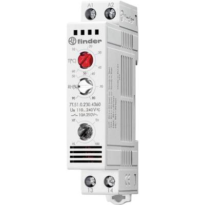 Finder elektronikus termo-higrosztát modul, elülső oldalán piros (hőmérséklet) és fehér (páratartalom) skálákkal.