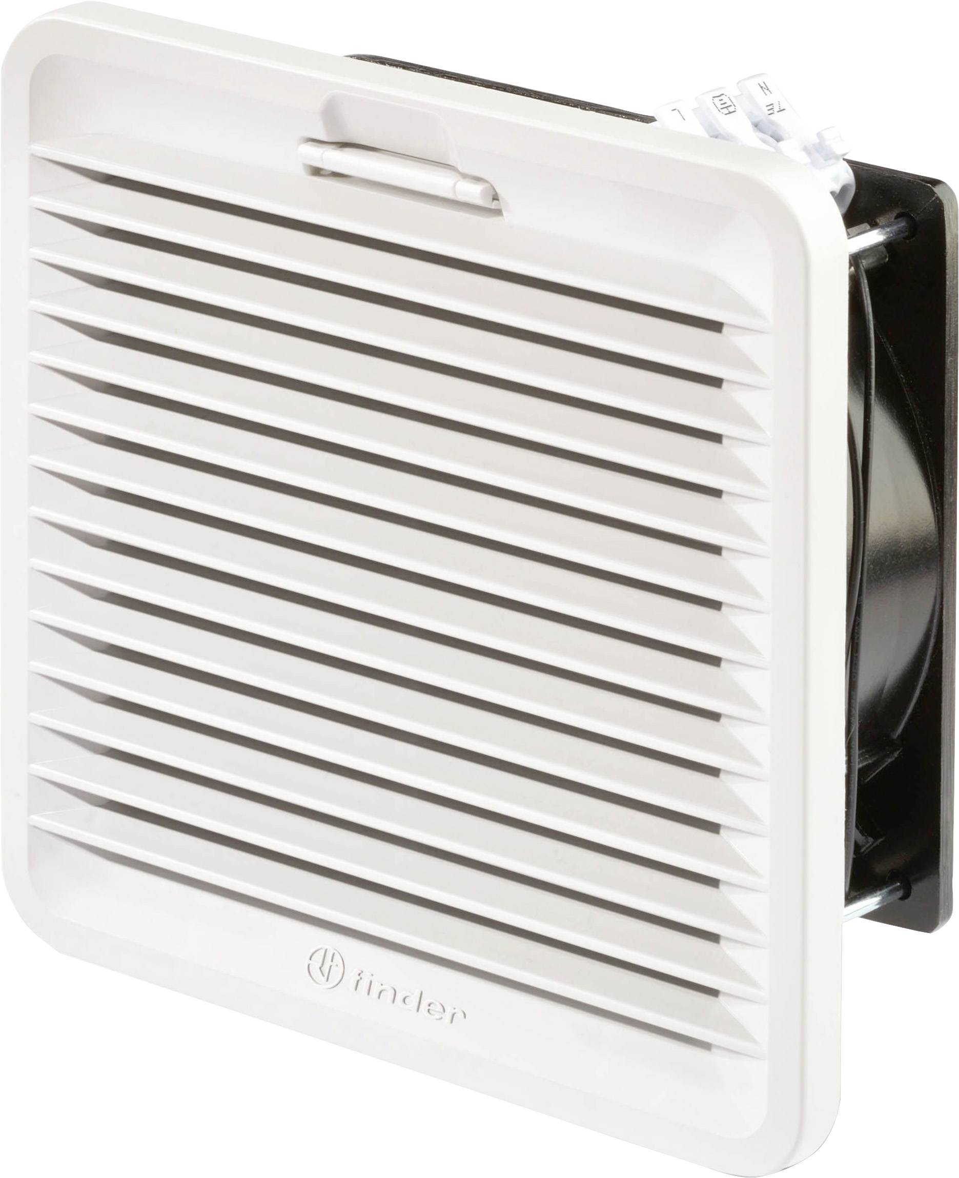 Négyzet alakú ventilátor műanyag lamellákkal és felül látható elektromos csatlakozókkal. Alkalmas műszaki berendezések szellőztetésére.